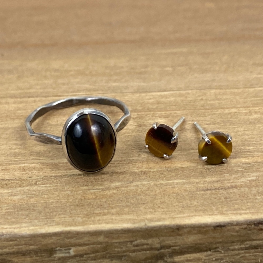 Sterling Silver and Tigers Eye Stud Earring and Ring Set 1980s size 5.25